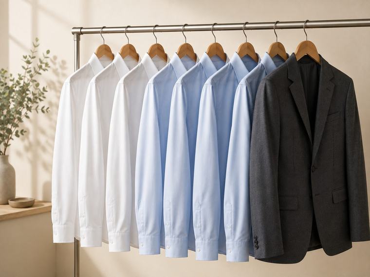 Corporate formal shirts and a blazer on a rail, manufactured by Knit Wear Capital