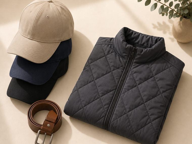Custom caps, a leather belt and a quilted winter jacket