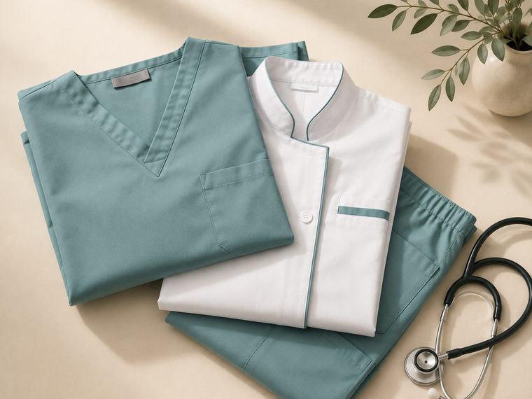 Teal medical scrubs and a white clinical coat folded beside a stethoscope