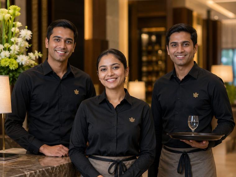 Hotel and restaurant staff in black shirts and aprons with embroidered logos