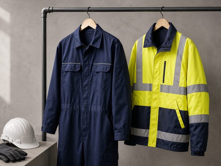 Navy industrial coverall and a hi-vis safety jacket with reflective tape