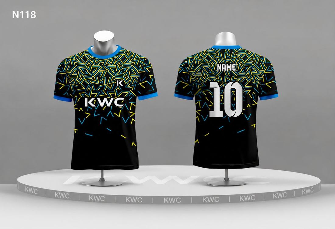 Black, blue and yellow patterned sublimation jersey, front and back
