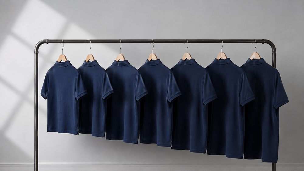 Seven navy uniform polo shirts hanging on a rail in ascending size order