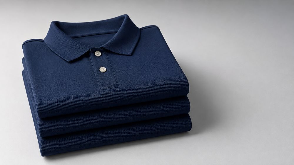 Three folded navy corporate polo shirts stacked, showing a set of uniforms per employee
