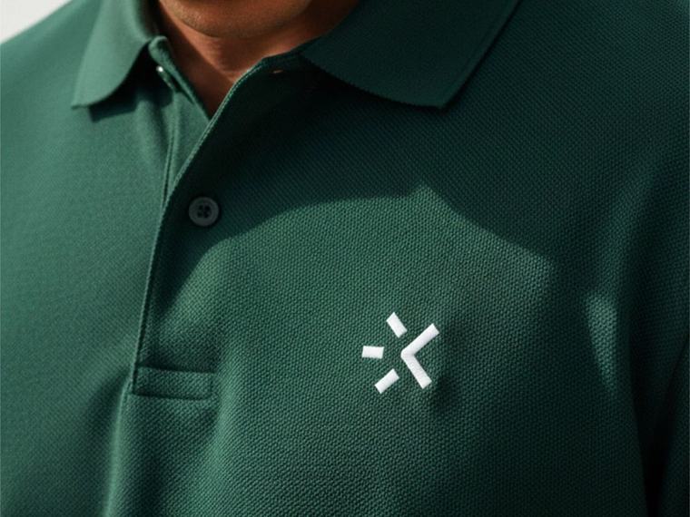 Close-up of a white embroidered logo on a green pique polo shirt