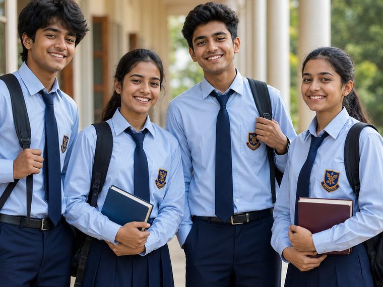 School students in tailored blue and navy uniforms with embroidered school crests