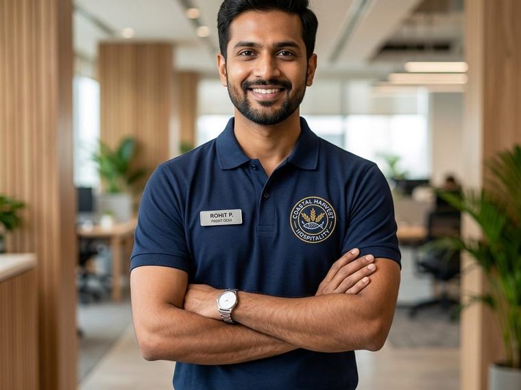Employee wearing a navy corporate polo shirt with an embroidered company logo and name badge