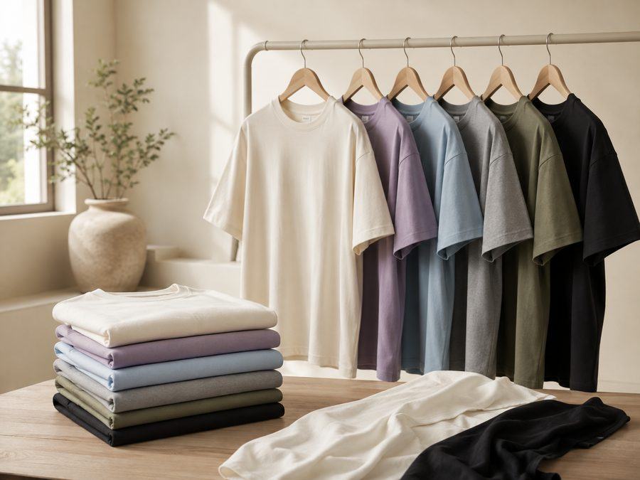 Finished cotton T-shirts folded and hung after production