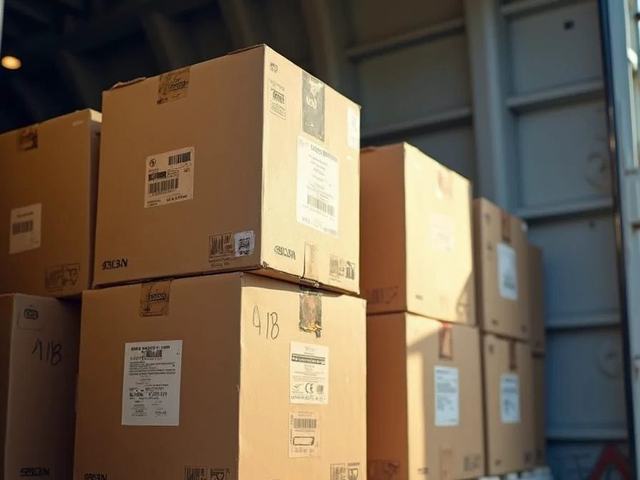 Packed and labelled cartons of finished uniforms loaded for dispatch